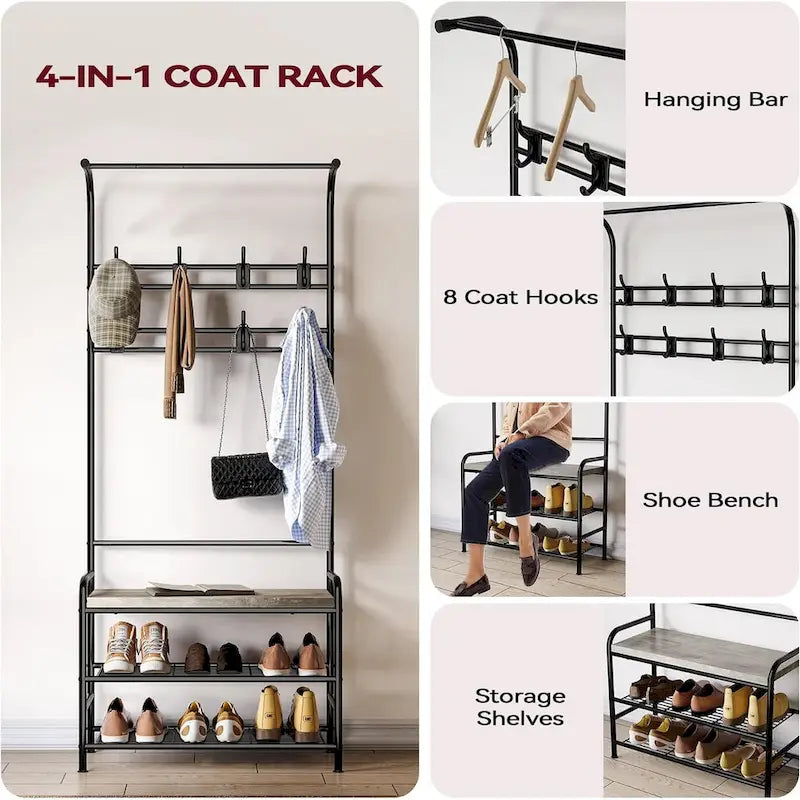 Narrow Hall Tree Storage Bench for Entryway, Coat Rack Shoe Bench