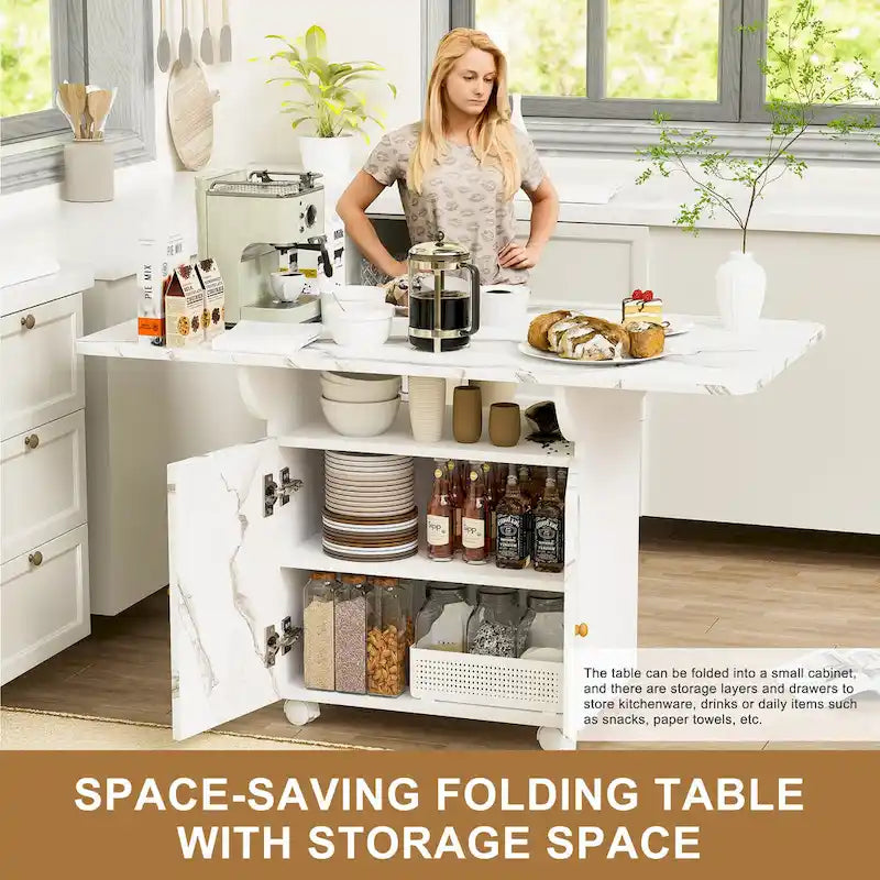47 Wood Rolling Folding Kitchen Island with Storage Rack and Cabinet