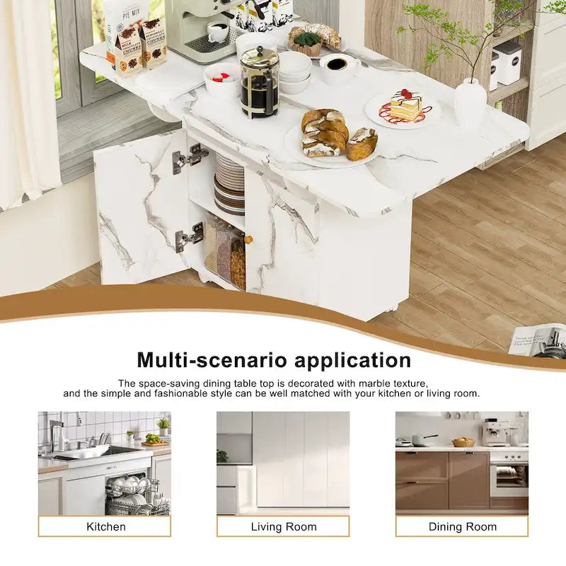 47 Wood Rolling Folding Kitchen Island with Storage Rack and Cabinet