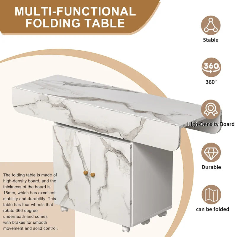 47 Wood Rolling Folding Kitchen Island with Storage Rack and Cabinet
