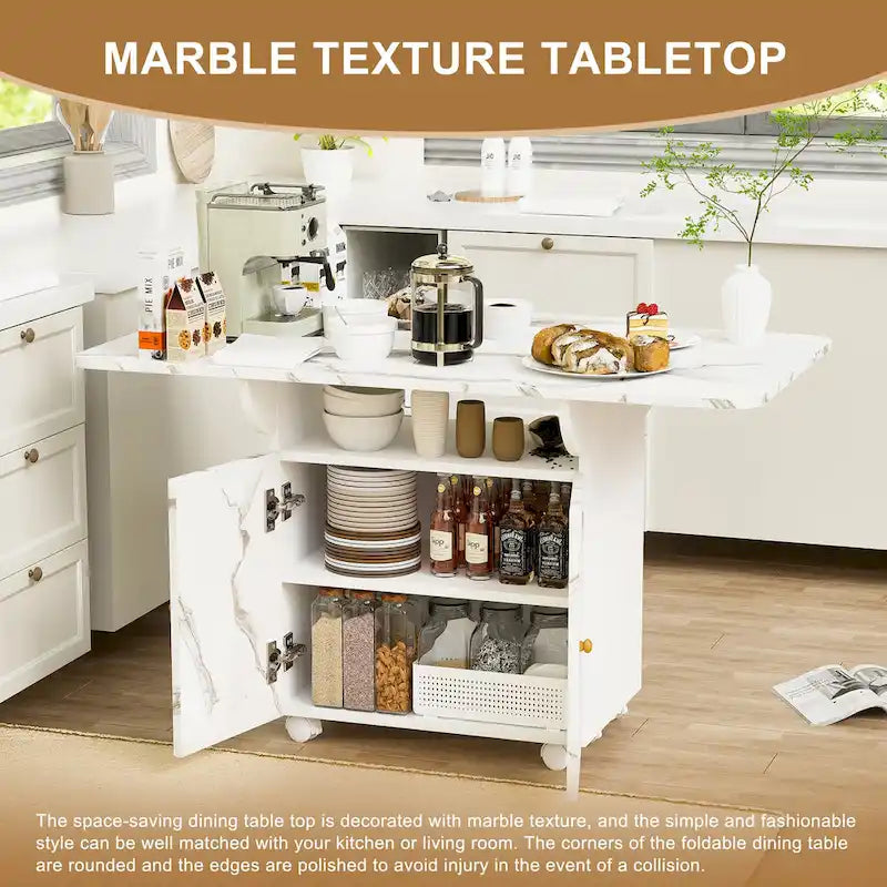 47 Wood Rolling Folding Kitchen Island with Storage Rack and Cabinet