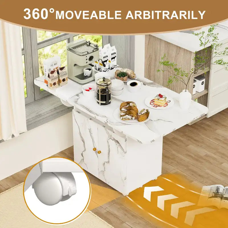 47 Wood Rolling Folding Kitchen Island with Storage Rack and Cabinet