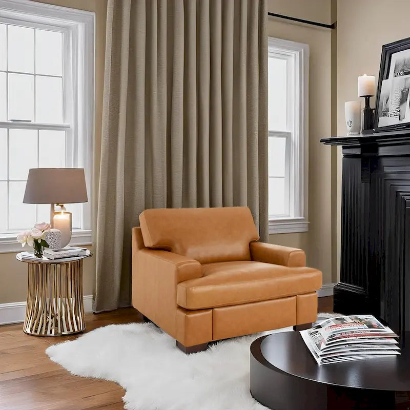 Genuine Leather Accent Chair with Luxurious Comfort Goose Feather Cushion Filling Square Arm Design Sturdy Block Legs
