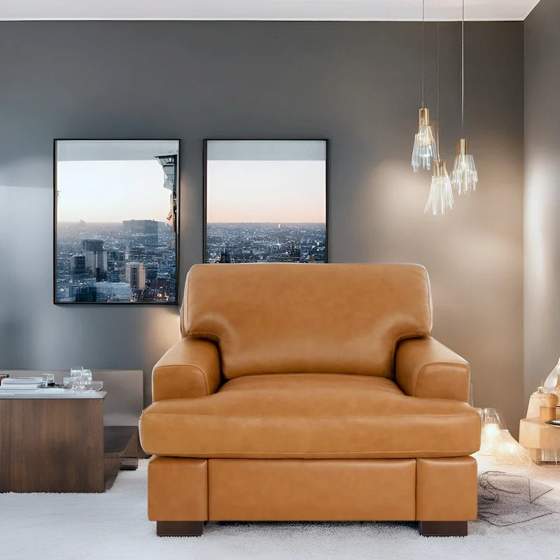 Genuine Leather Accent Chair with Luxurious Comfort Goose Feather Cushion Filling Square Arm Design Sturdy Block Legs