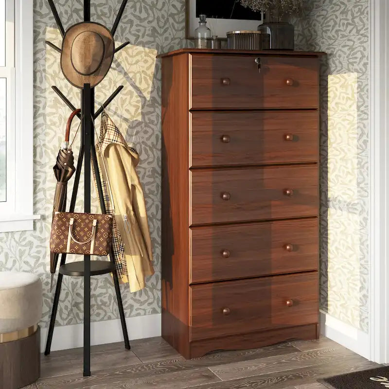 Imports 100% Solid Wood 5-Jumbo Drawer Chest with Lock, Metal or Wooden Knobs