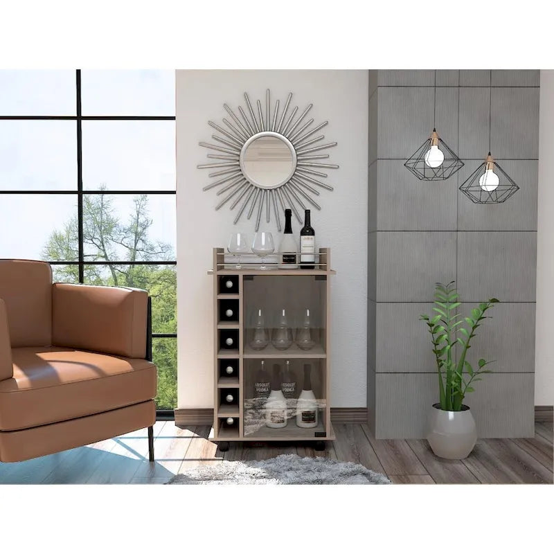 Bar Cart,Two Shelves, Six Built-in Wine Rack and Four Casters - N/A