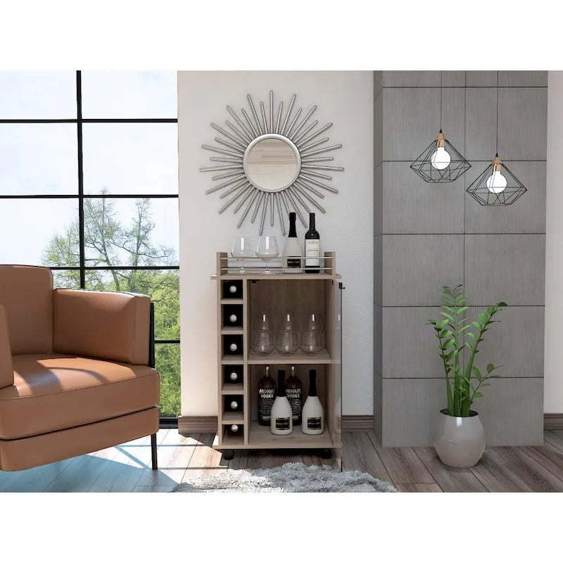 Bar Cart,Two Shelves, Six Built-in Wine Rack and Four Casters - N/A