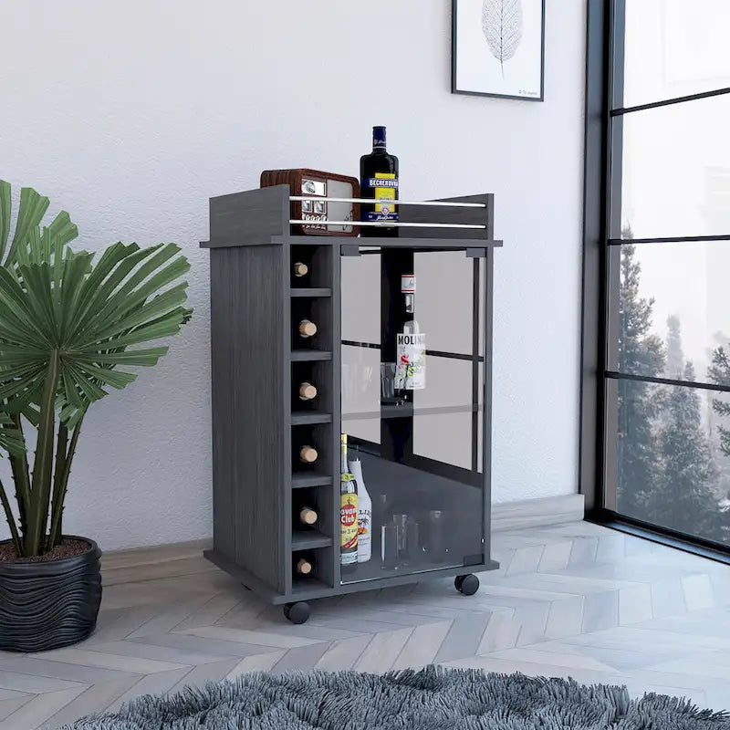 Bar Cart,Two Shelves, Six Built-in Wine Rack and Four Casters - N/A