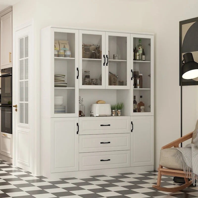 Large White Buffet Elegant Kitchen Cabinet with Glass Doors Dislplay