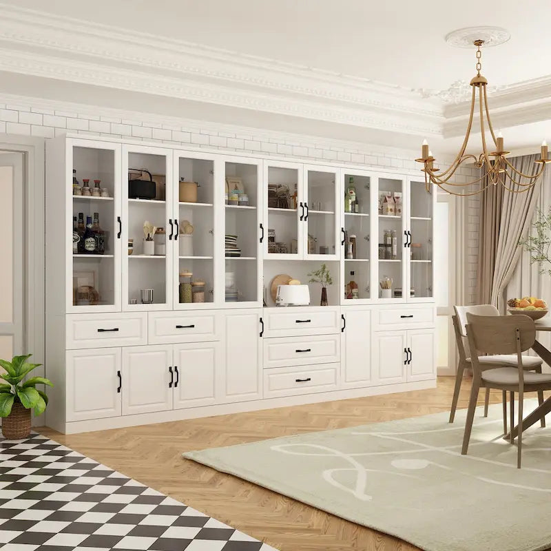 Large White Buffet Elegant Kitchen Cabinet with Glass Doors Dislplay