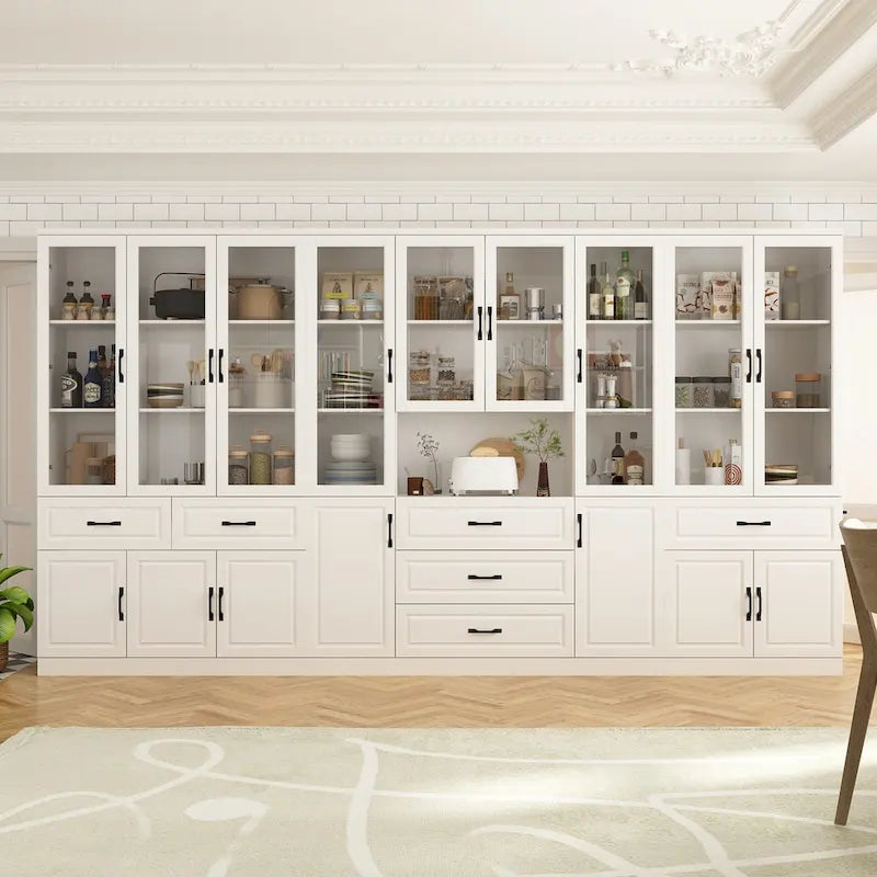 Large White Buffet Elegant Kitchen Cabinet with Glass Doors Dislplay