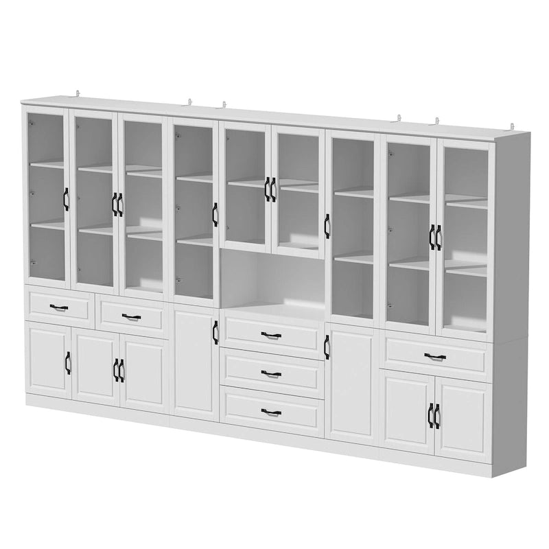 Large White Buffet Elegant Kitchen Cabinet with Glass Doors Dislplay