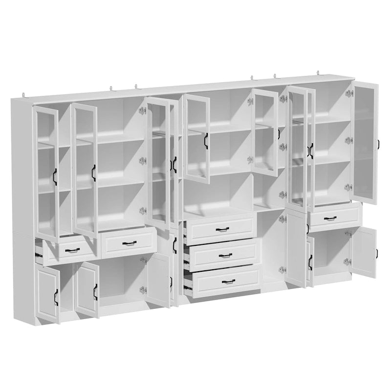 Large White Buffet Elegant Kitchen Cabinet with Glass Doors Dislplay