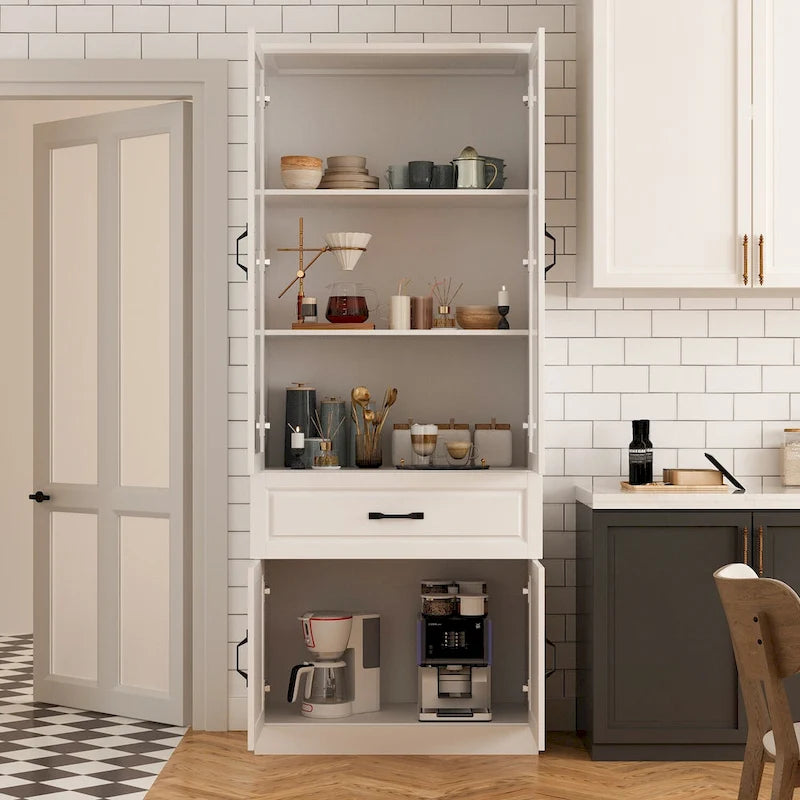 Large White Buffet Elegant Kitchen Cabinet with Glass Doors Dislplay