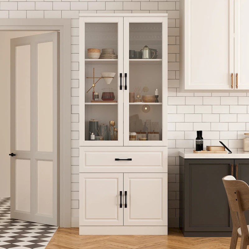 Large White Buffet Elegant Kitchen Cabinet with Glass Doors Dislplay