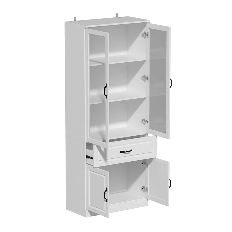 Large White Buffet Elegant Kitchen Cabinet with Glass Doors Dislplay