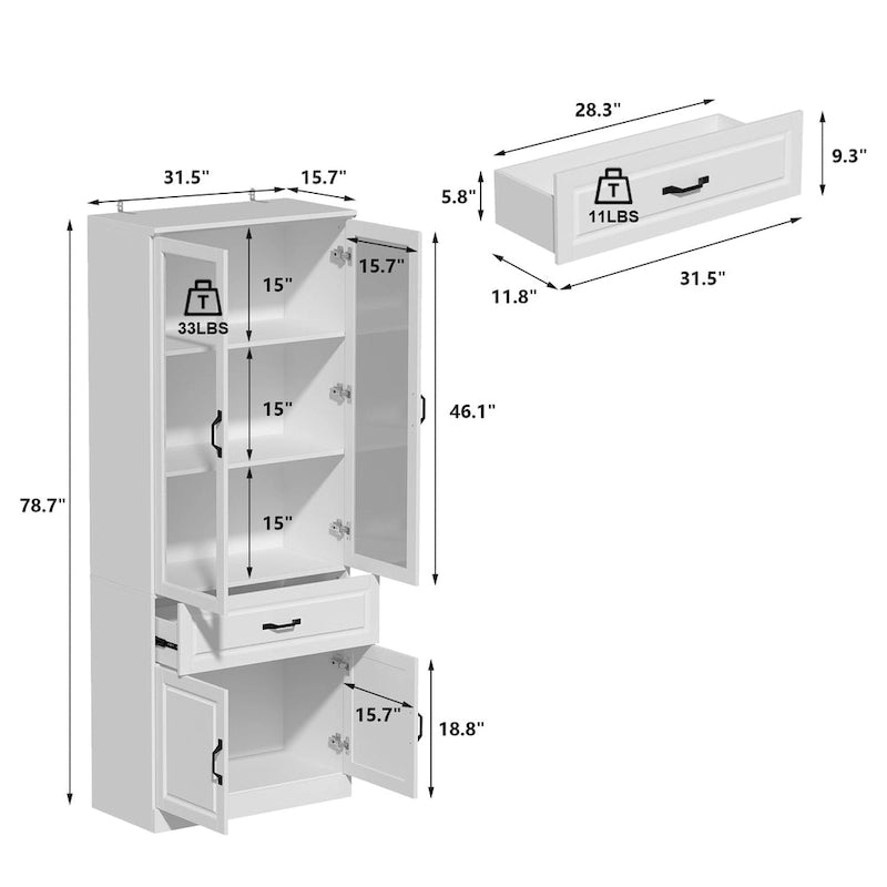 Large White Buffet Elegant Kitchen Cabinet with Glass Doors Dislplay