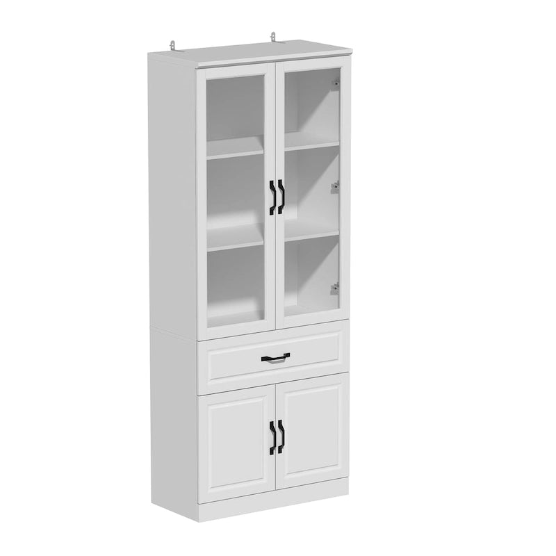 Large White Buffet Elegant Kitchen Cabinet with Glass Doors Dislplay