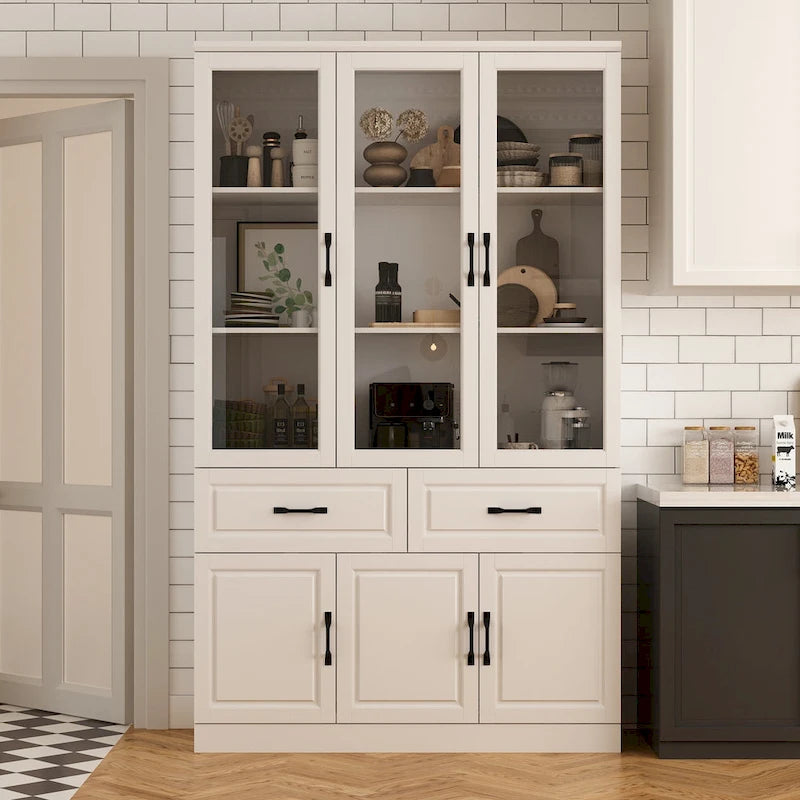 Large White Buffet Elegant Kitchen Cabinet with Glass Doors Dislplay