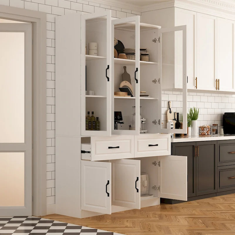 Large White Buffet Elegant Kitchen Cabinet with Glass Doors Dislplay