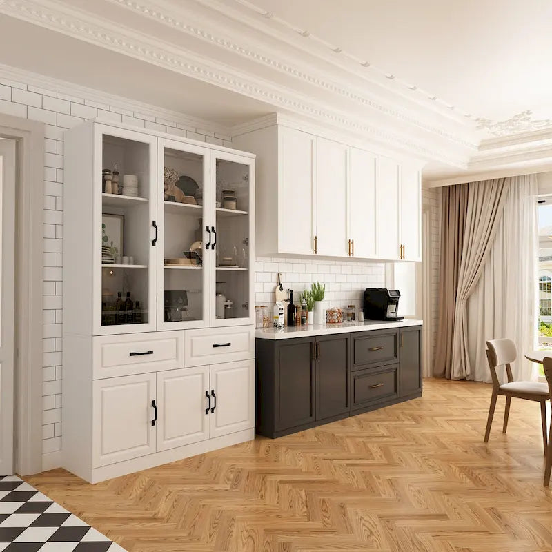 Large White Buffet Elegant Kitchen Cabinet with Glass Doors Dislplay