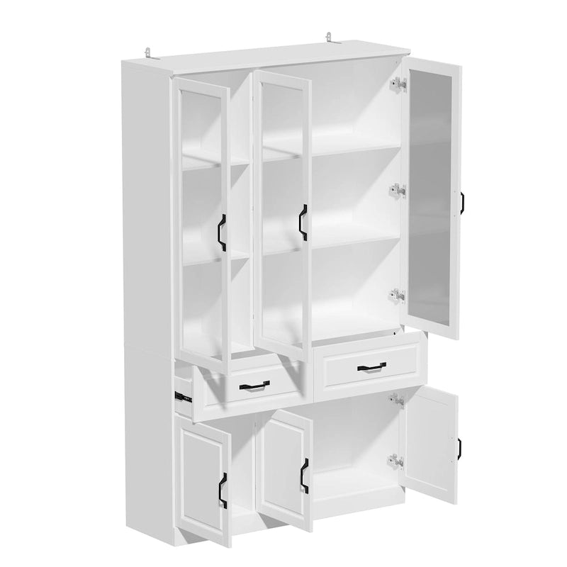 Large White Buffet Elegant Kitchen Cabinet with Glass Doors Dislplay
