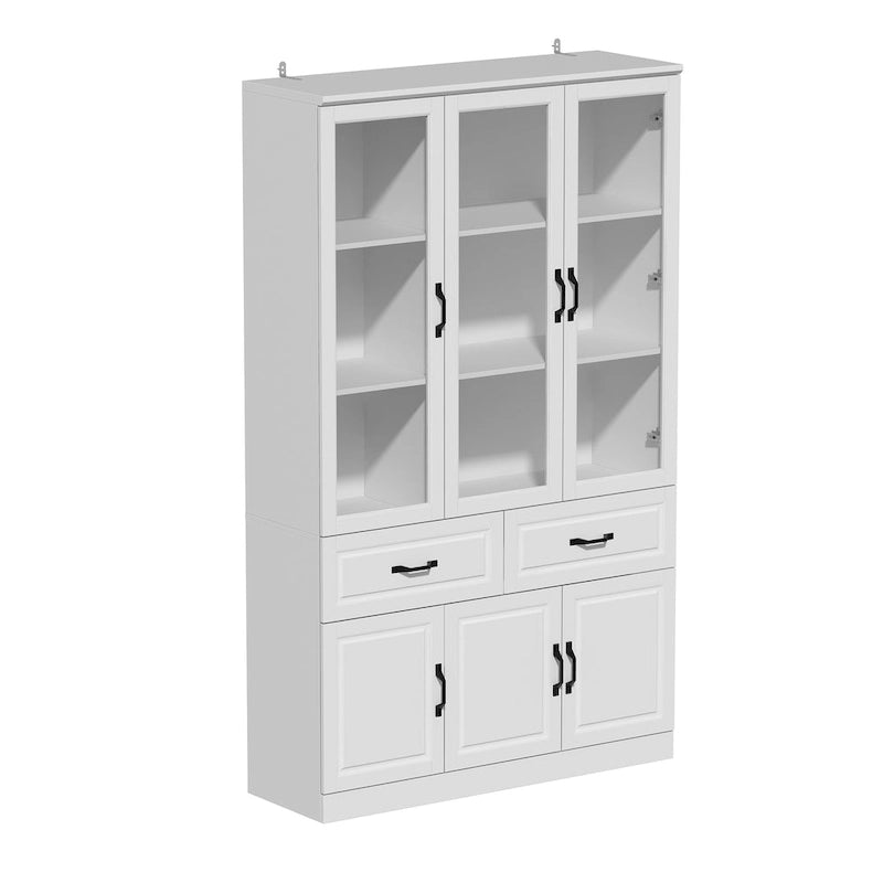 Large White Buffet Elegant Kitchen Cabinet with Glass Doors Dislplay