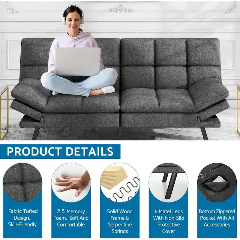 Sofa Bed, Memory Foam Foldable Couch Convertible Loveseat Sleeper Daybed with Adjustable Armrests for Small Space