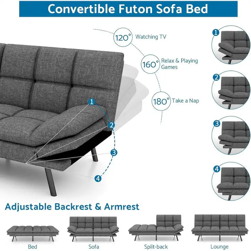 Sofa Bed, Memory Foam Foldable Couch Convertible Loveseat Sleeper Daybed with Adjustable Armrests for Small Space