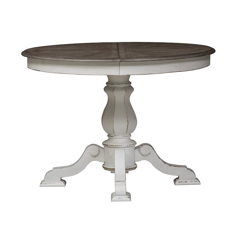 Round Pedestal Dining Table with Expandable Leaves - 2 Finishes