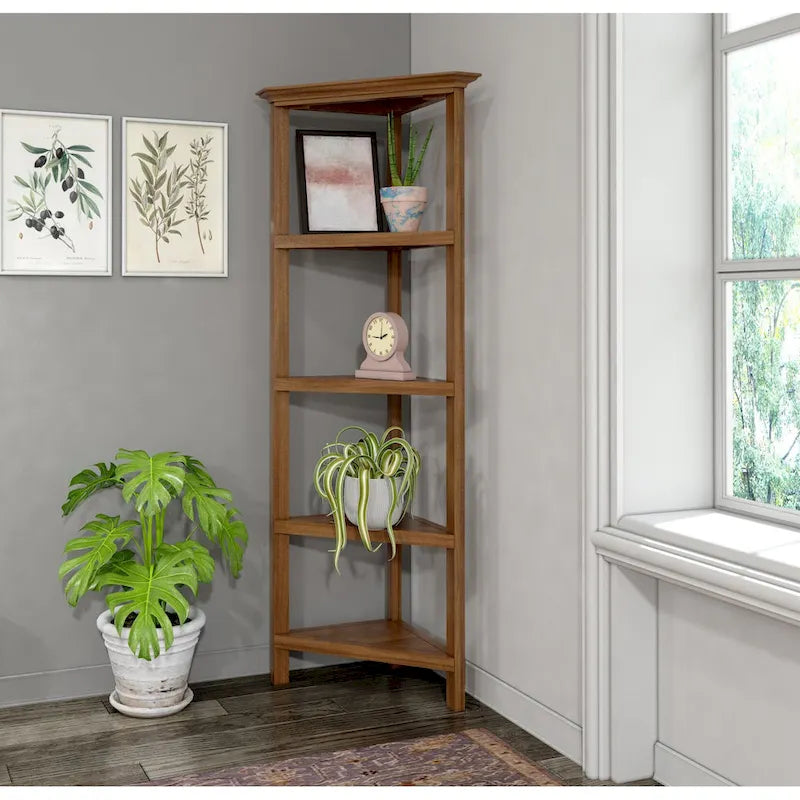 Tall Wood Corner Bookcase with 4 Shelves, Walnut