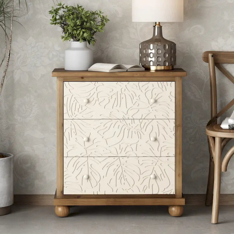 Rustic Farmhouse 3-Drawer Nightstand with Leaves Pattern Carved, Vintage French Country Dresser Chest Accent Cabinet