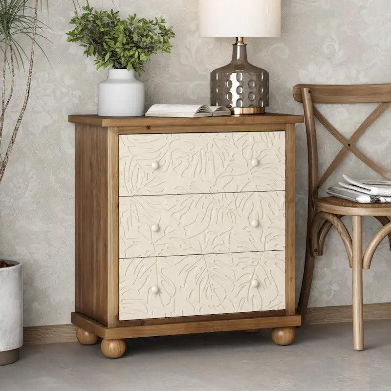 COZAYH Rustic Farmhouse 3-Drawer Nightstand with Leaves Pattern Carved, Vintage French Country Dresser Chest Accent Cabinet