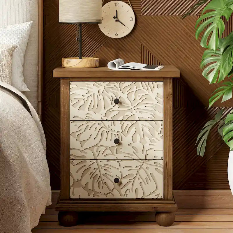 Rustic Farmhouse 3-Drawer Nightstand with Leaves Pattern Carved, Vintage French Country Dresser Chest Accent Cabinet