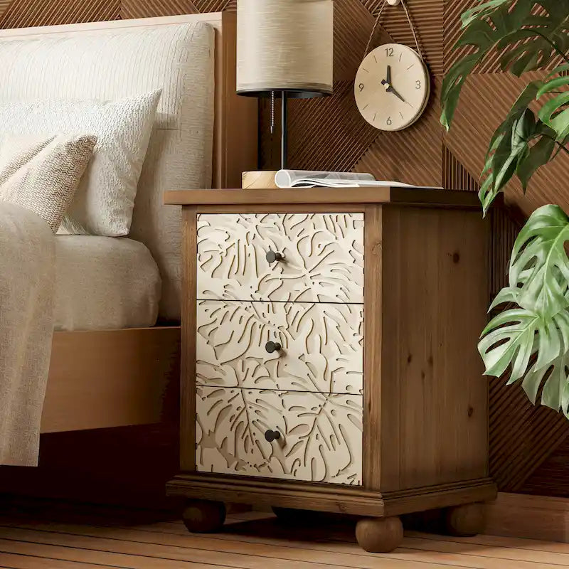 Rustic Farmhouse 3-Drawer Nightstand with Leaves Pattern Carved, Vintage French Country Dresser Chest Accent Cabinet