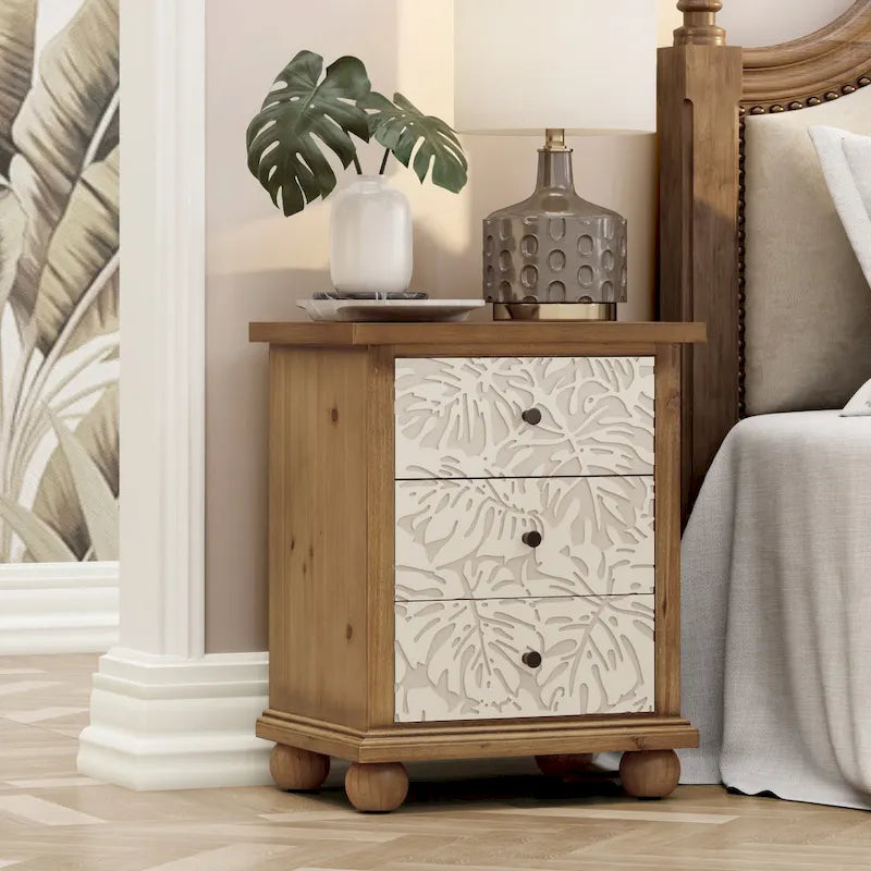 Rustic Farmhouse 3-Drawer Nightstand with Leaves Pattern Carved, Vintage French Country Dresser Chest Accent Cabinet