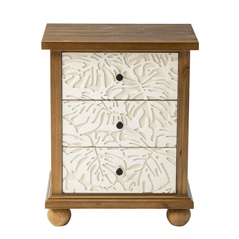 Rustic Farmhouse 3-Drawer Nightstand with Leaves Pattern Carved, Vintage French Country Dresser Chest Accent Cabinet