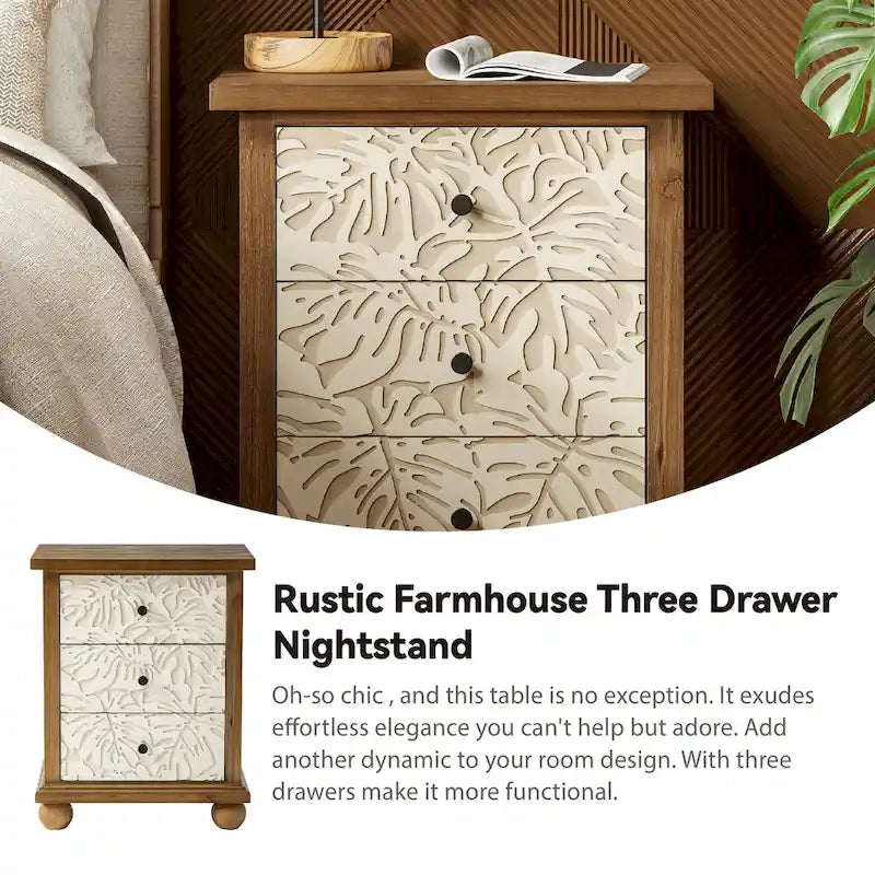 Rustic Farmhouse 3-Drawer Nightstand with Leaves Pattern Carved, Vintage French Country Dresser Chest Accent Cabinet