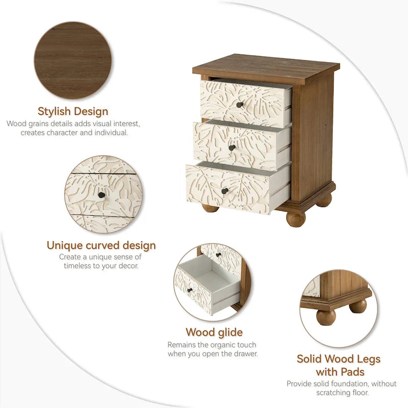 Rustic Farmhouse 3-Drawer Nightstand with Leaves Pattern Carved, Vintage French Country Dresser Chest Accent Cabinet