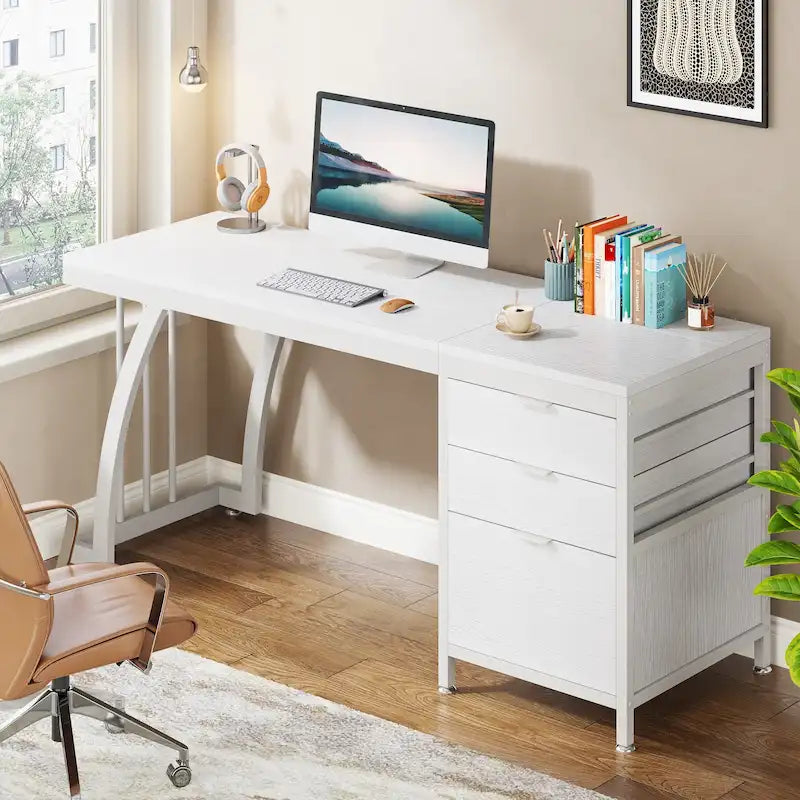 Large Computer Desk with Reversible Drawer Cabinet