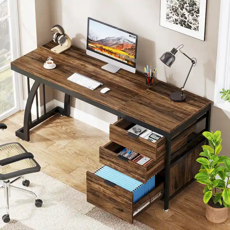 Large Computer Desk with Reversible Drawer Cabinet