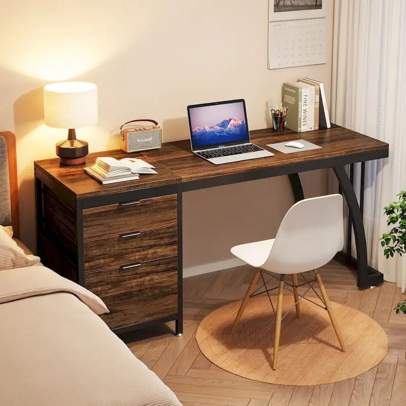 Large Computer Desk with Reversible Drawer Cabinet