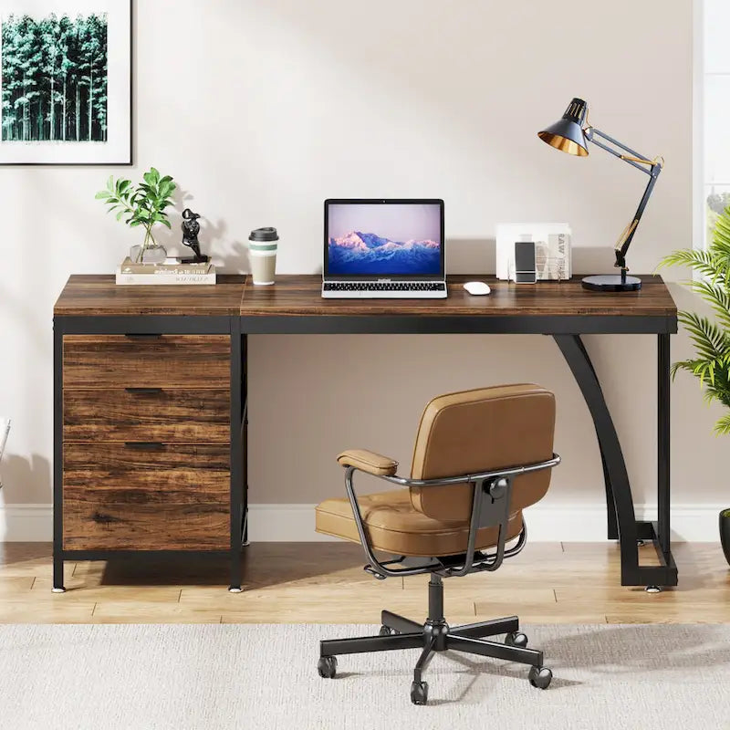 Large Computer Desk with Reversible Drawer Cabinet