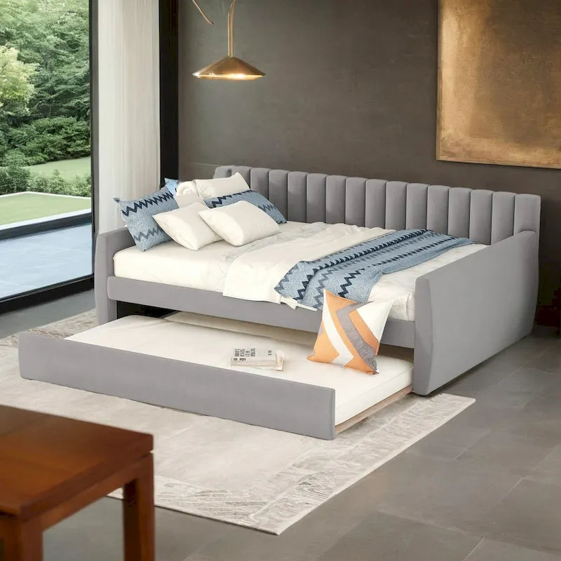 Full Size Upholstered Daybed with Trundle and Wood Slat Support