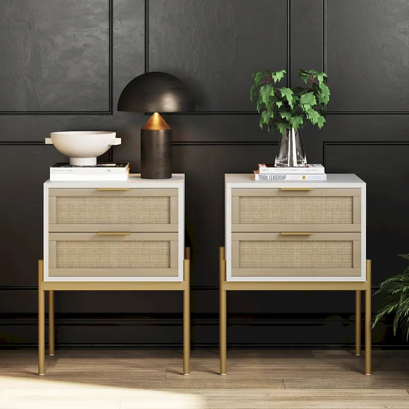 Rattan End Side Table Storage Doors Gold Accents