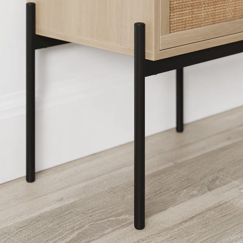 Rattan End Side Table Storage Doors Gold Accents