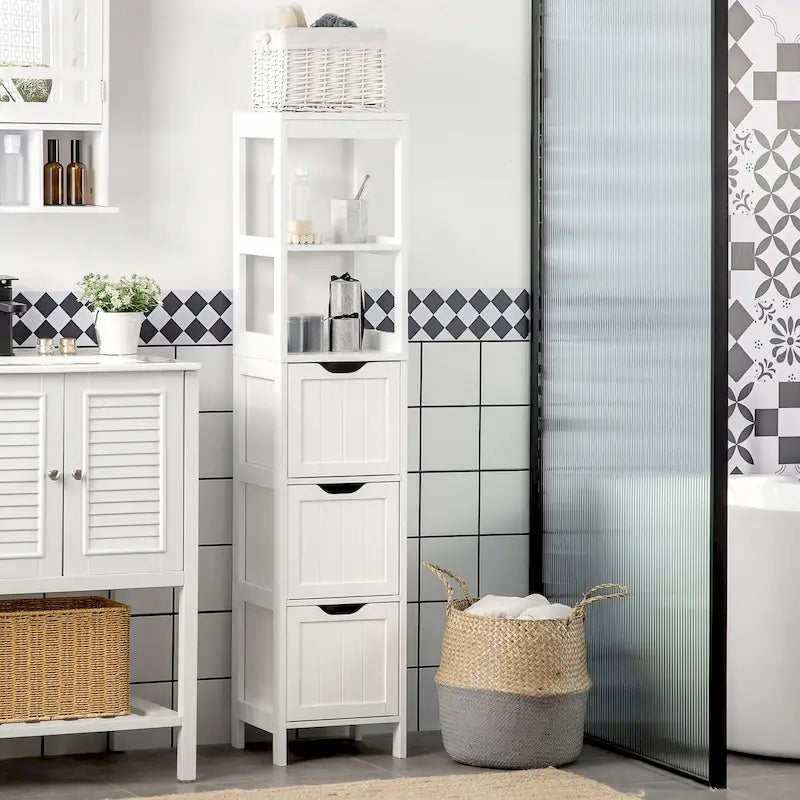 Narrow Bathroom Cabinet with 3 Drawers and 2 Tier Shelf, Tall Cupboard Freestanding Linen Tower, Slim Corner Organizer