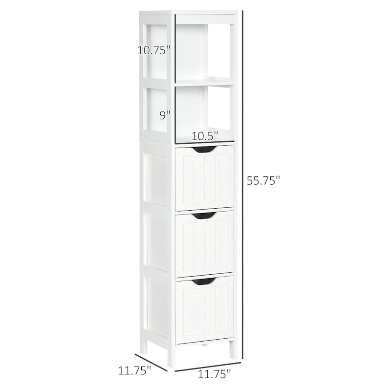 Narrow Bathroom Cabinet with 3 Drawers and 2 Tier Shelf, Tall Cupboard Freestanding Linen Tower, Slim Corner Organizer
