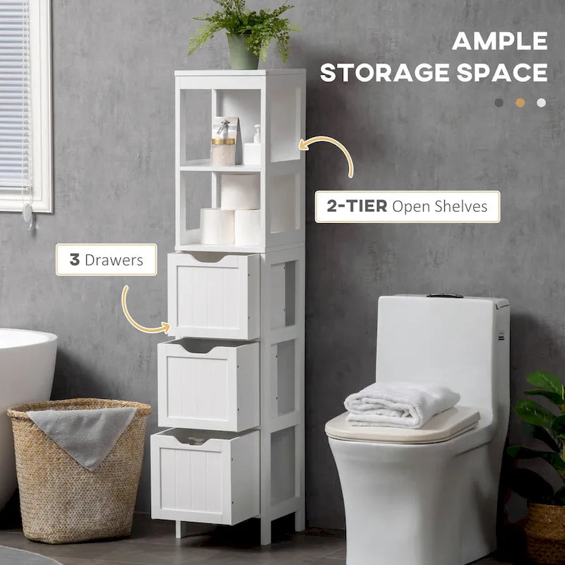 Narrow Bathroom Cabinet with 3 Drawers and 2 Tier Shelf, Tall Cupboard Freestanding Linen Tower, Slim Corner Organizer