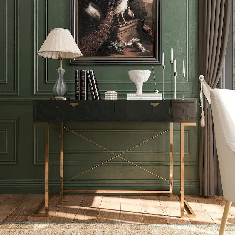 Glossy Home Office Writing Desk with Storage Drawers